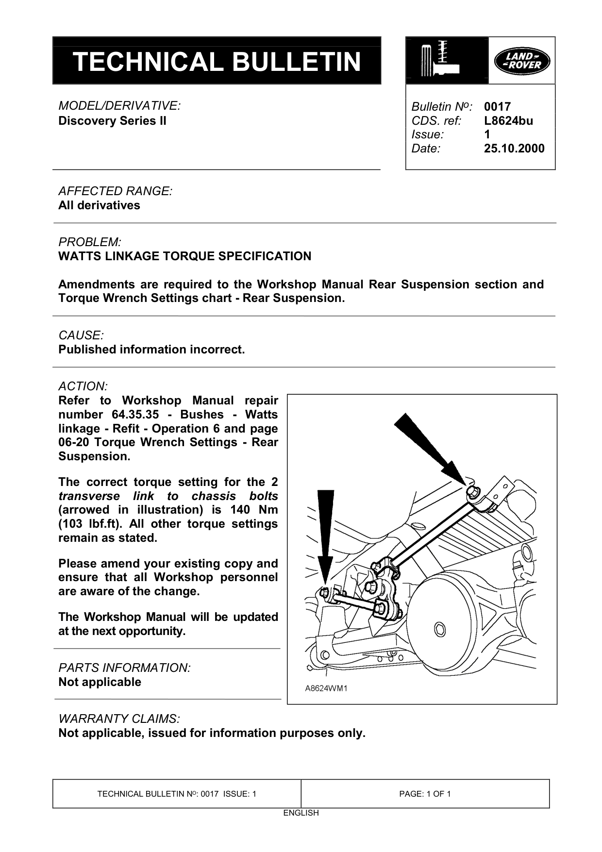Watts Linkage Torque Specification – bulletin page 1