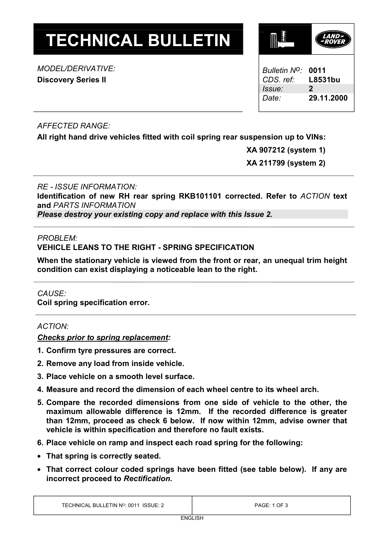 Vehicle Leans To The Right - Spring Specification – bulletin page 1