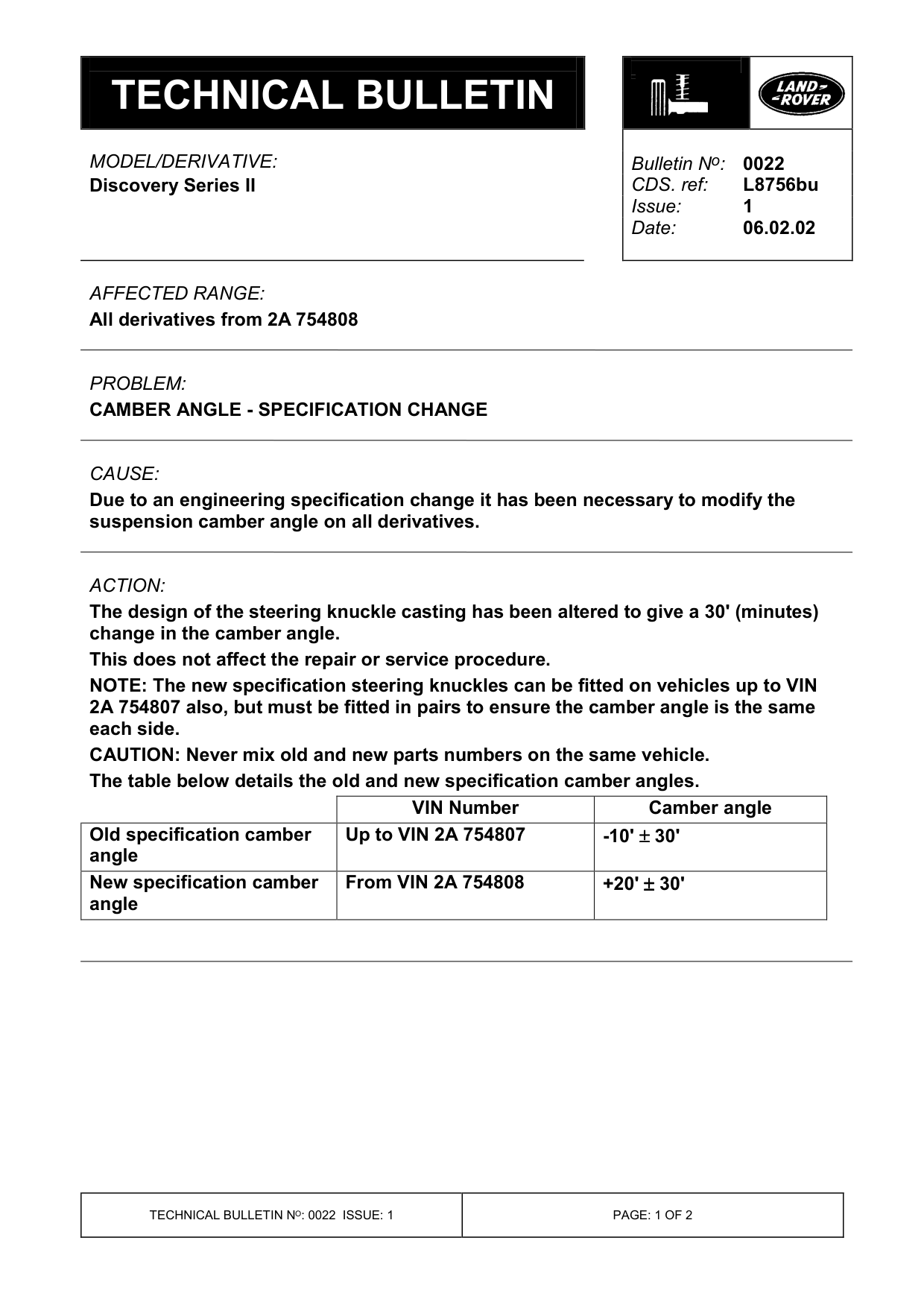 Camber Angle - Specification Change – bulletin page 1