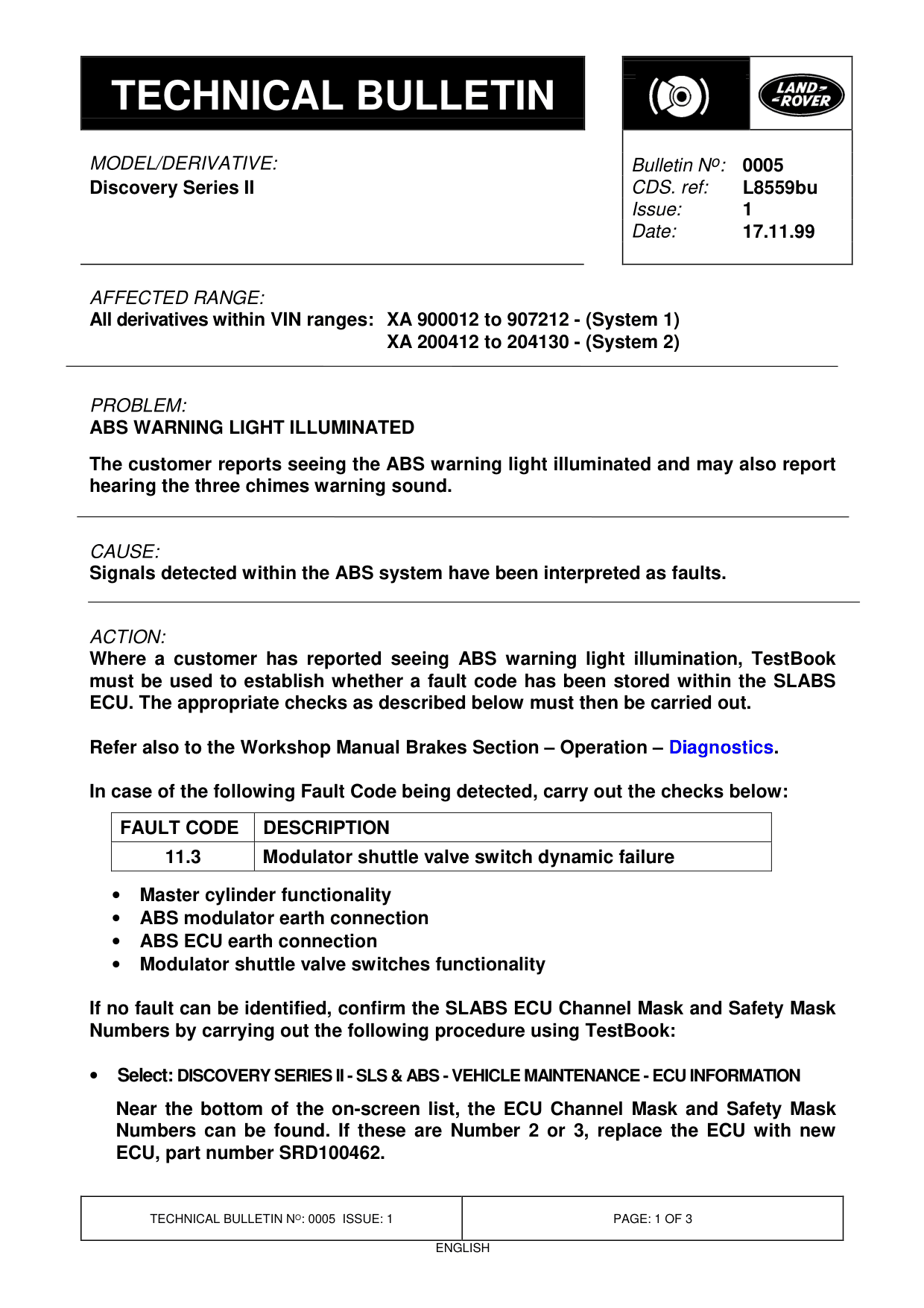 Abs Warning Light Illuminated – bulletin page 1