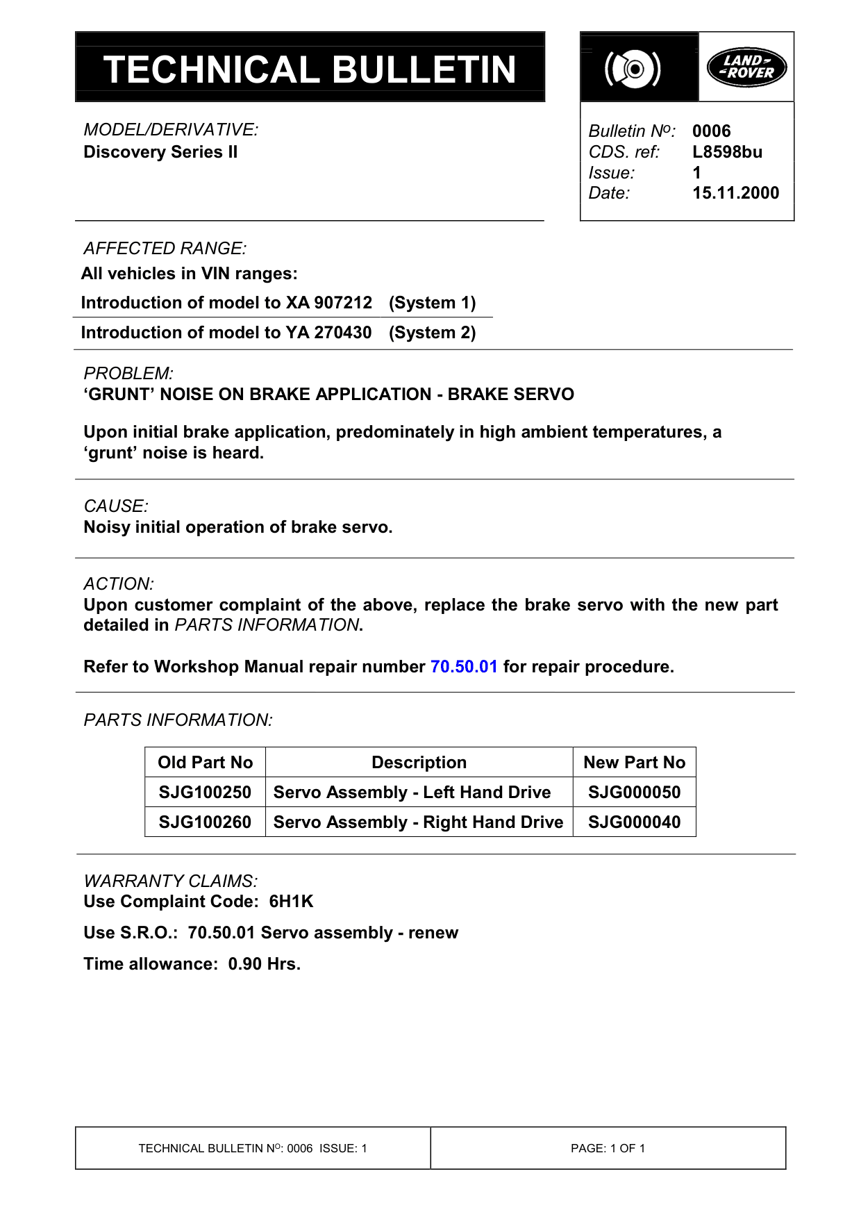 ‘Grunt’ Noise On Brake Application - Brake Servo – bulletin page 1