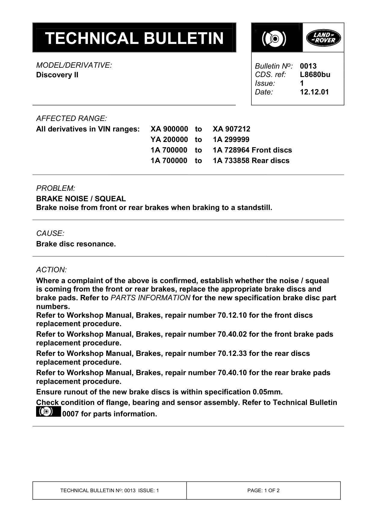 Brake Noise / Squeal – bulletin page 1
