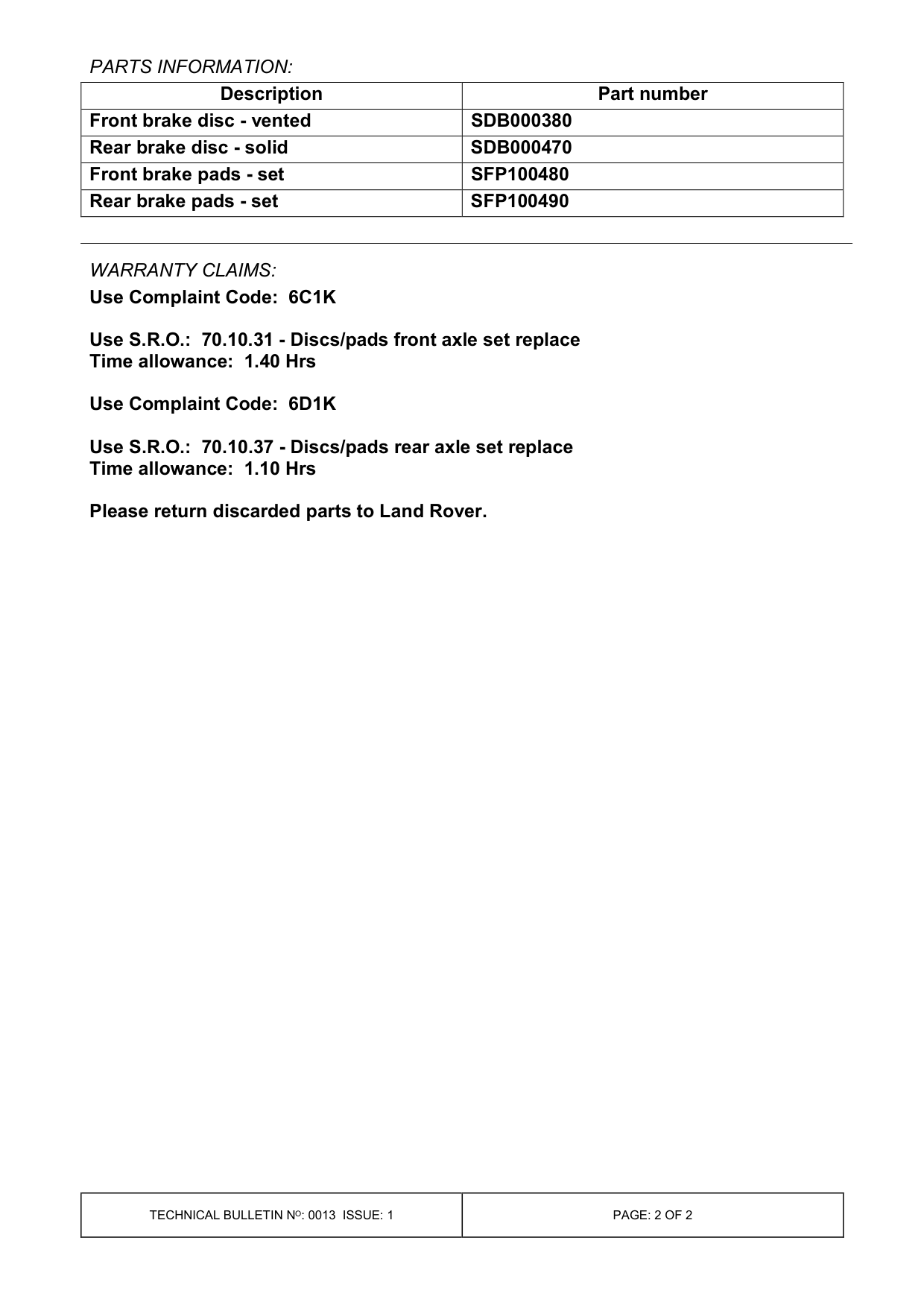 Brake Noise / Squeal – bulletin page 2