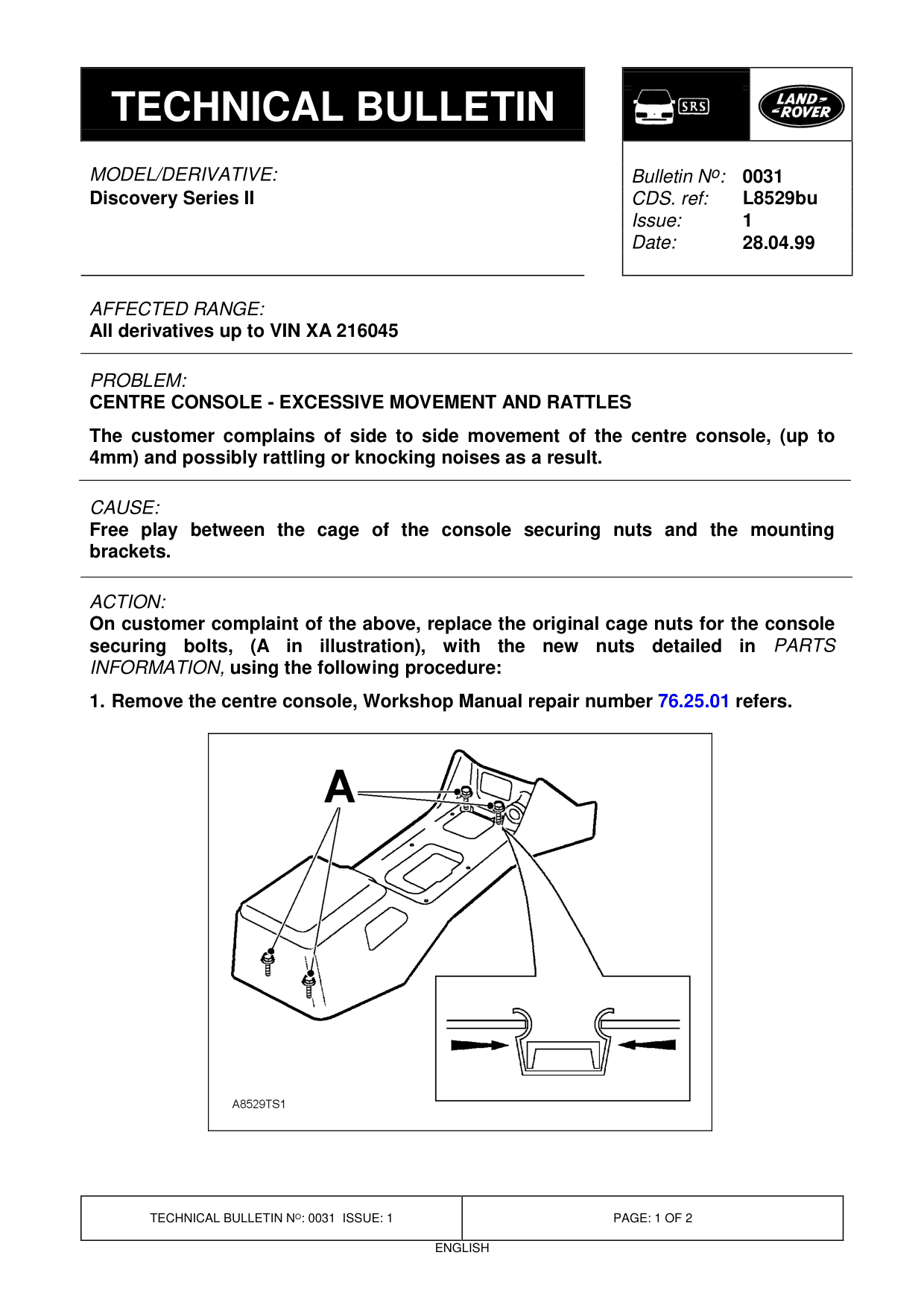 Centre Console - Excessive Movement And Rattles – bulletin page 1