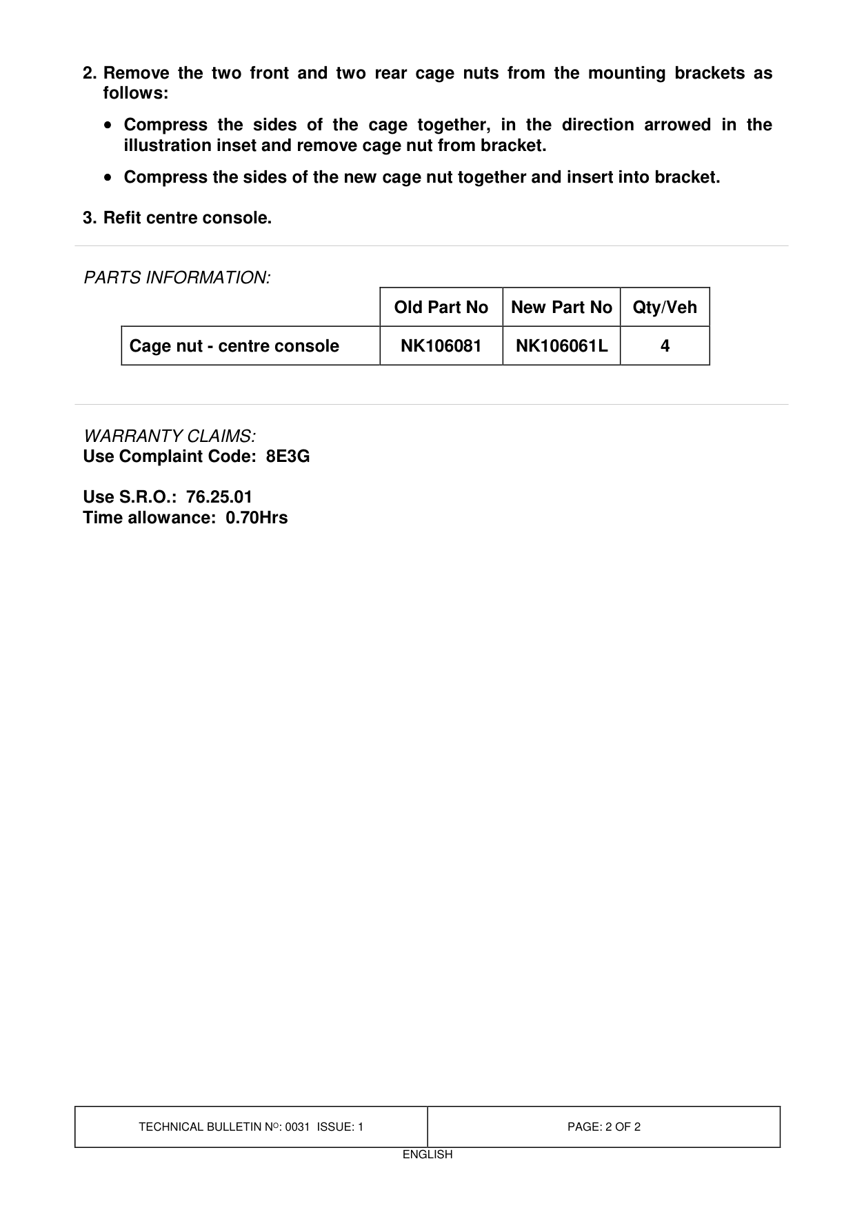 Centre Console - Excessive Movement And Rattles – bulletin page 2