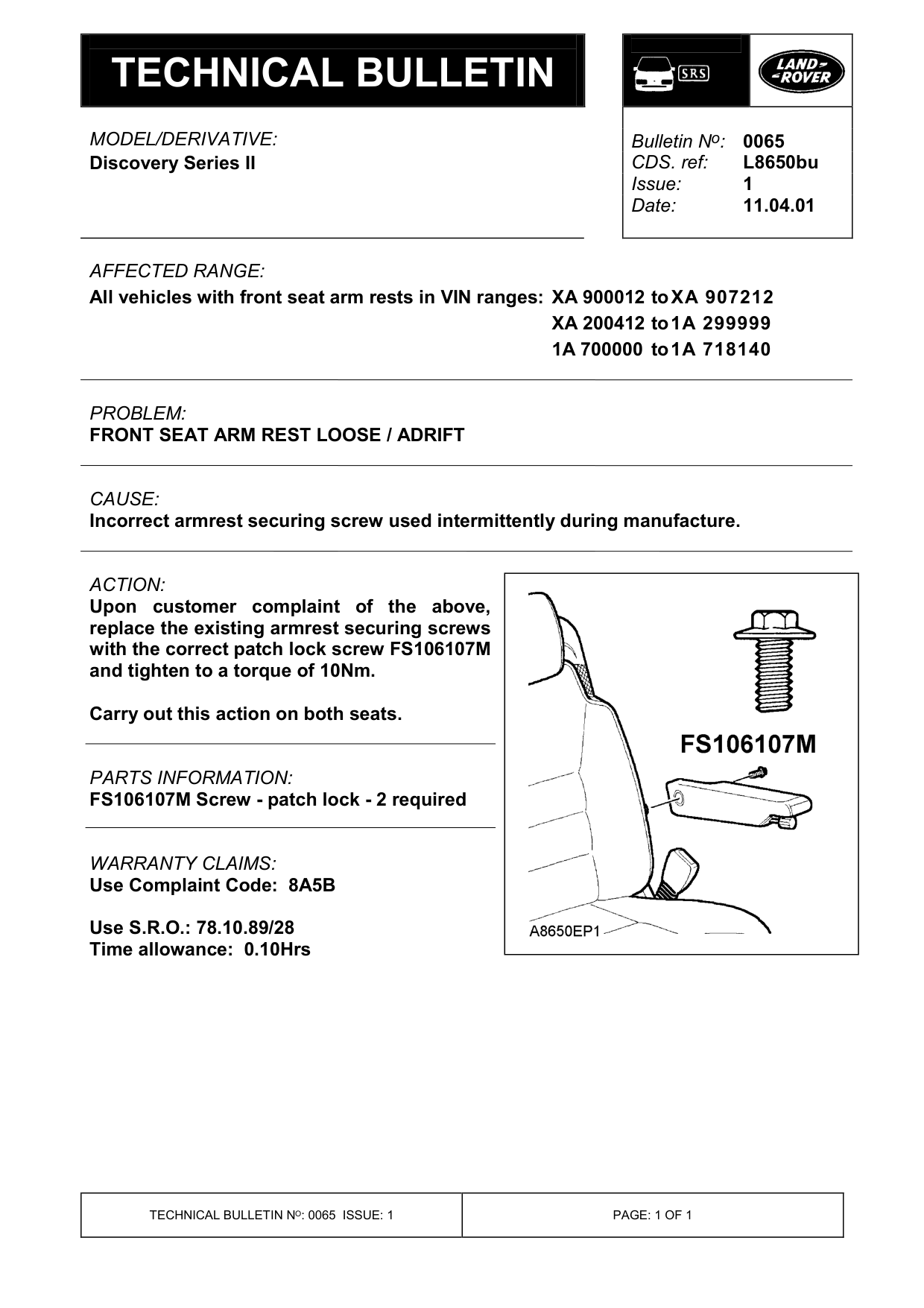 Front Seat Arm Rest Loose / Adrift – bulletin page 1