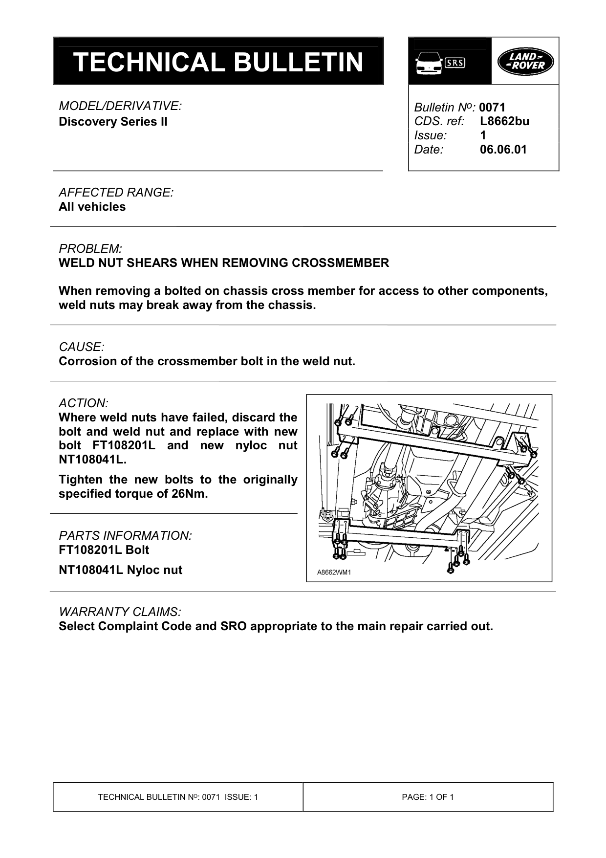 Weld Nut Shears When Removing Crossmember – bulletin page 1