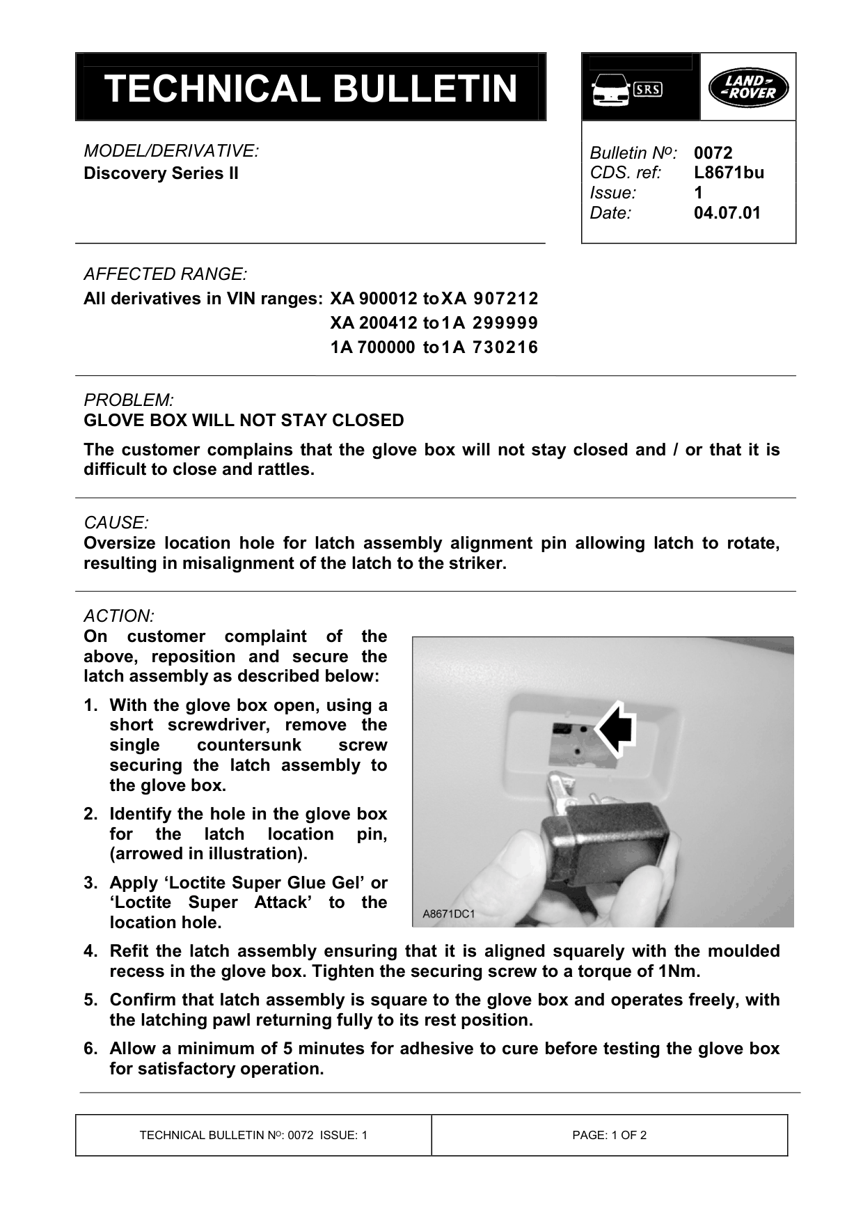 Glove Box Will Not Stay Closed – bulletin page 1