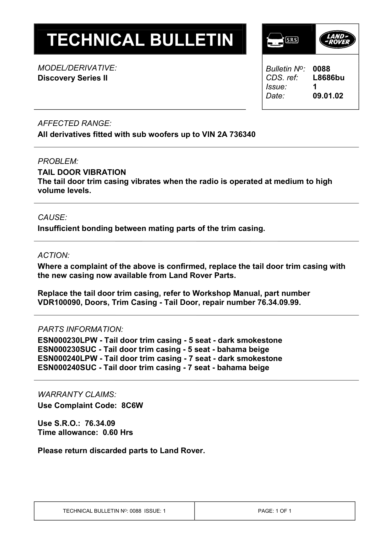 Tail Door Vibration – bulletin page 1