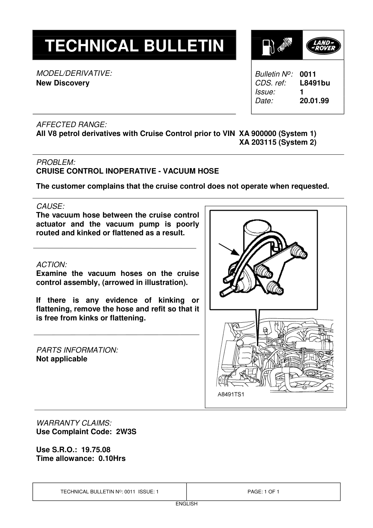 Cruise Control Inoperative - Vacuum Hose – bulletin page 1