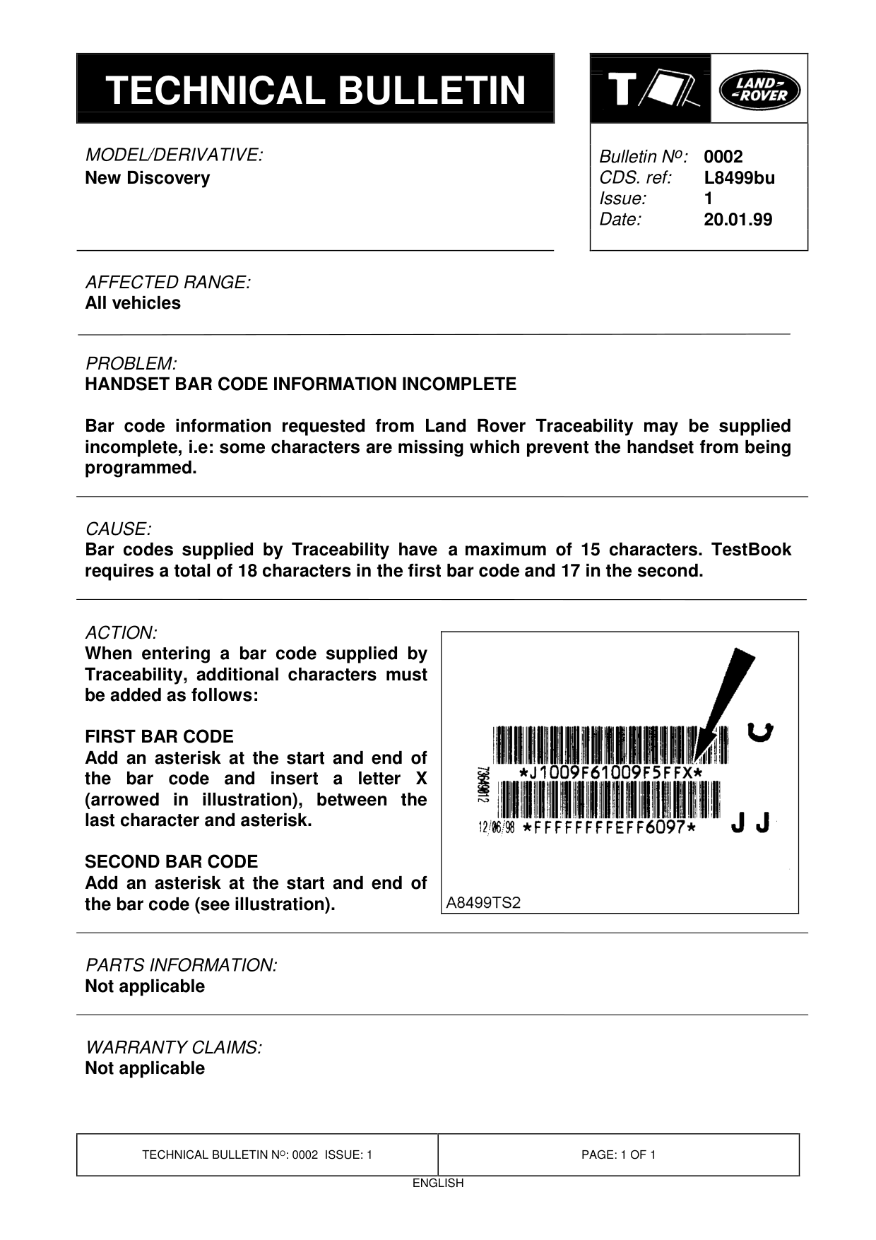 Handset Bar Code Information Incomplete – bulletin page 1