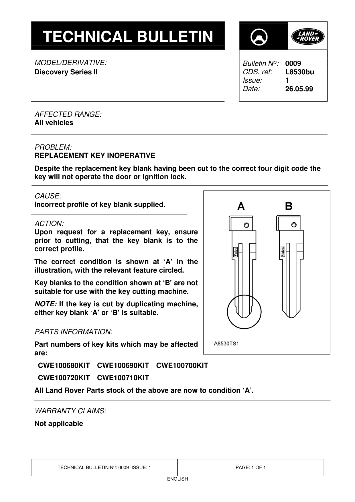 Replacement Key Inoperative – bulletin page 1