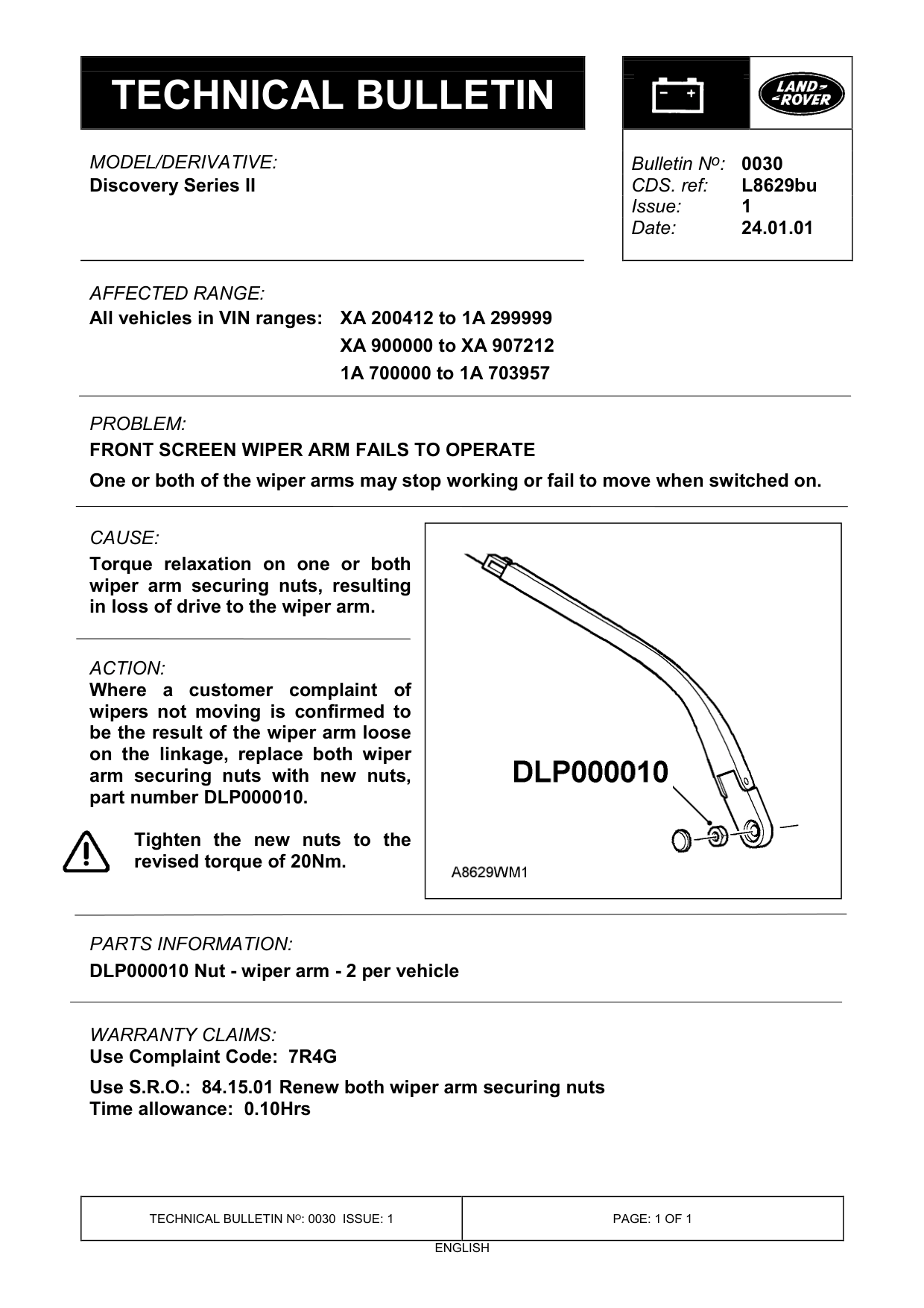 Front Screen Wiper Arm Fails To Operate – bulletin page 1