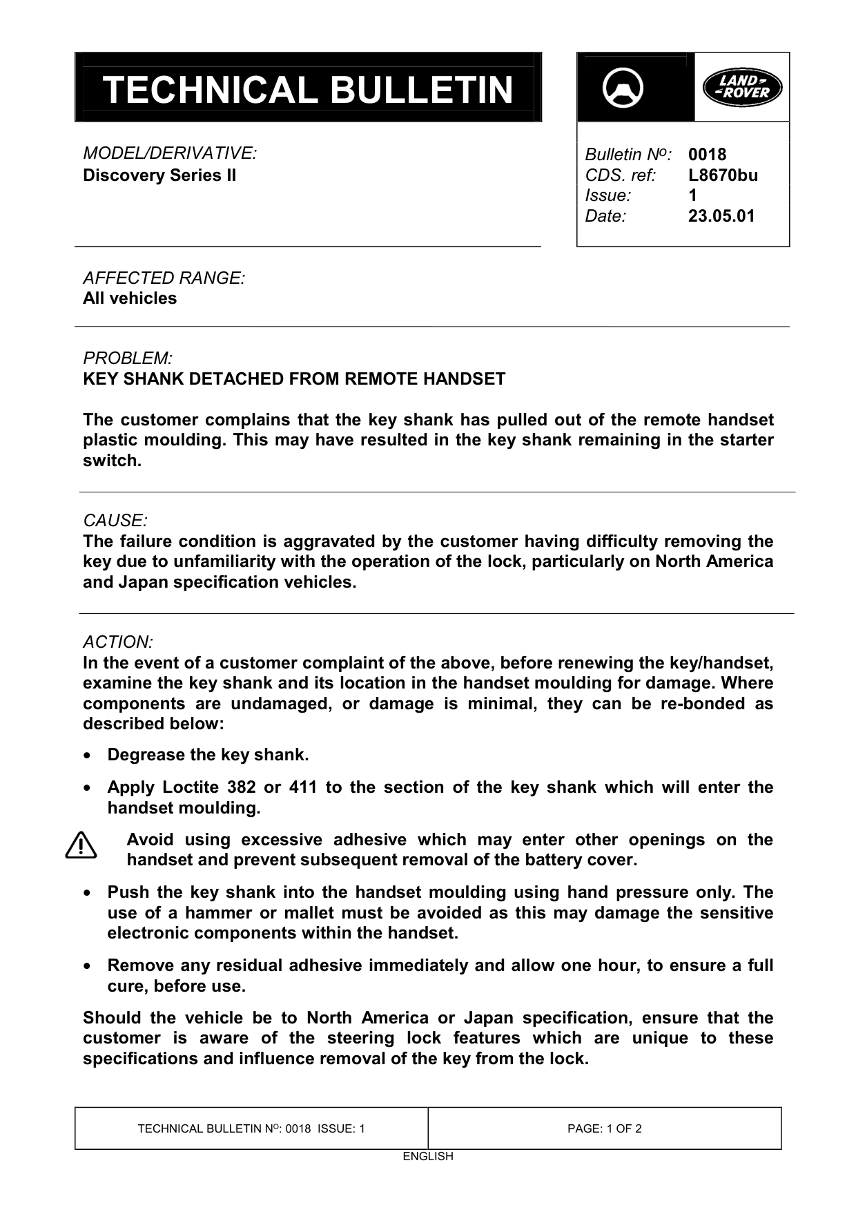 Key Shank Detached From Remote Handset – bulletin page 1