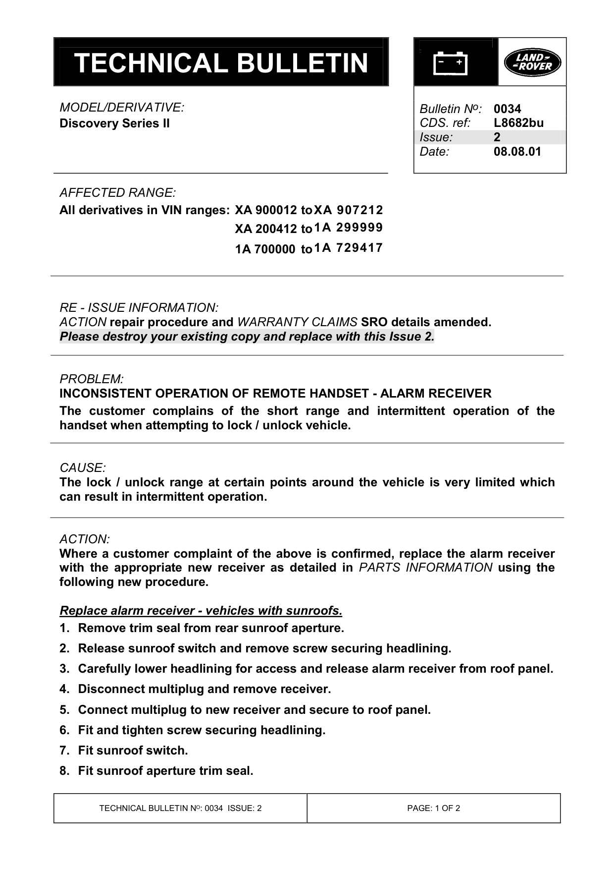Inconsistent Operation Of Remote Handset - Alarm Receiver – bulletin page 1