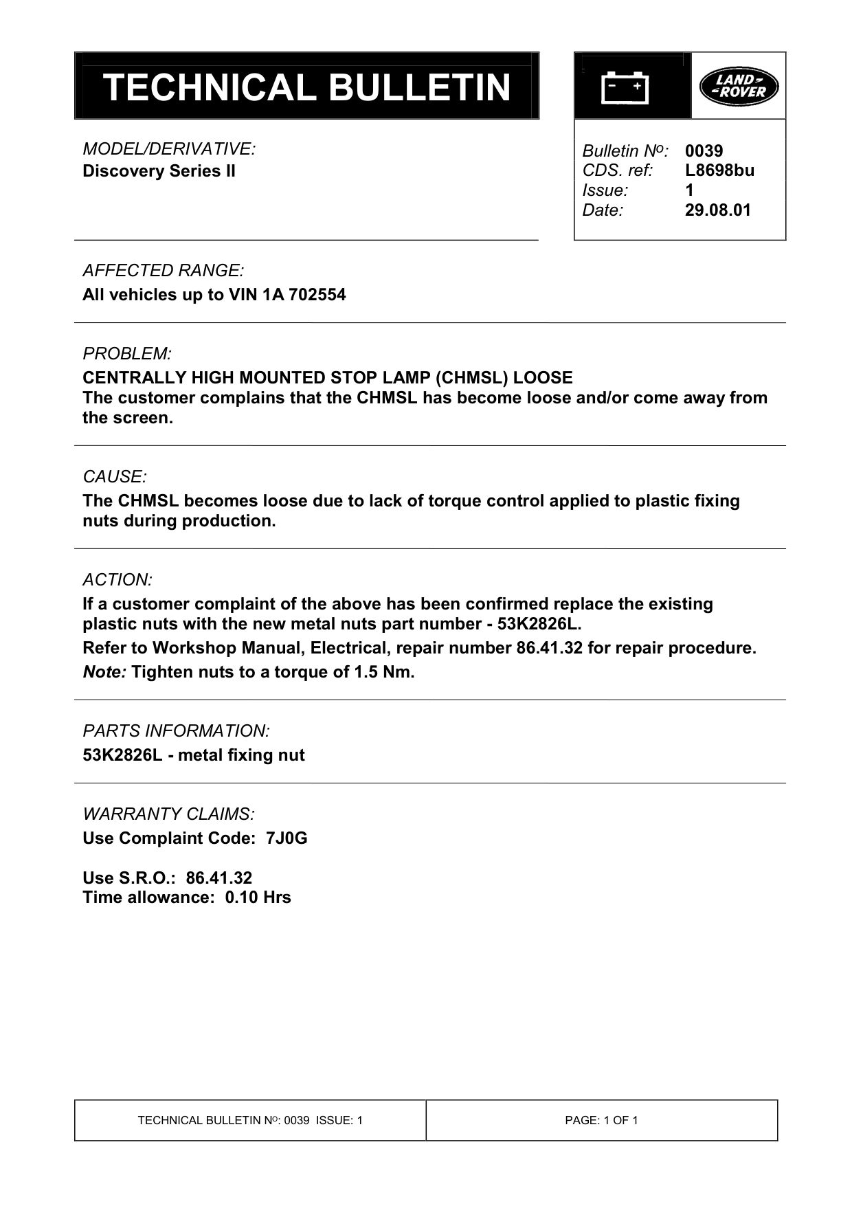 Centrally High Mounted Stop Lamp (Chmsl) Loose – bulletin page 1