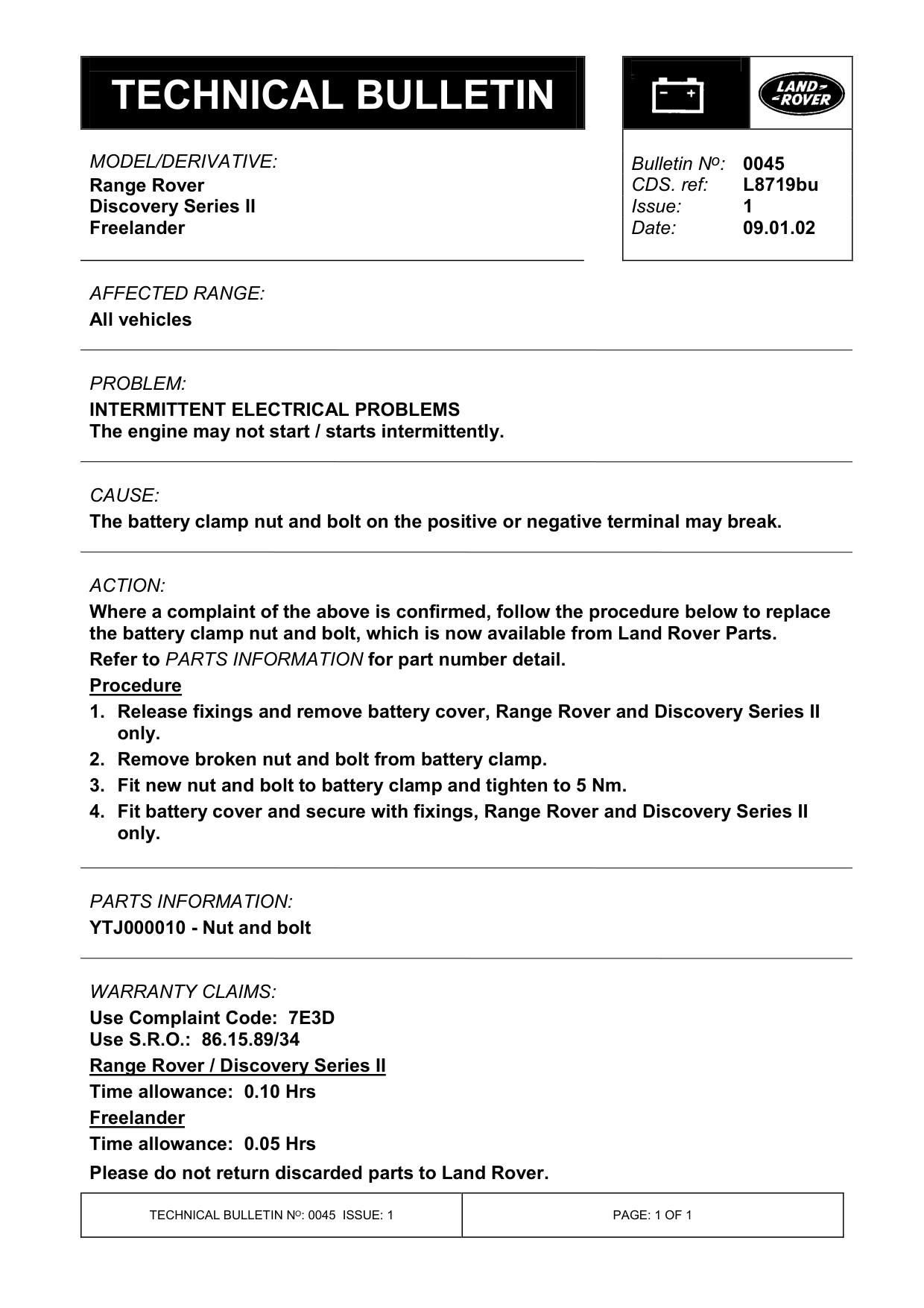 Intermittent Electrical Problems – bulletin page 1