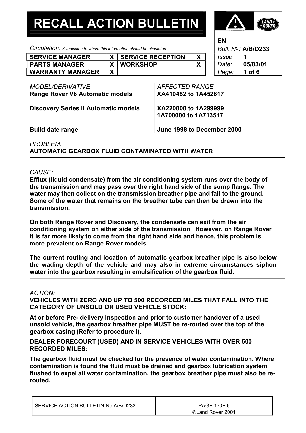 Automatic Gearbox Fluid Contaminated With Water – bulletin page 1