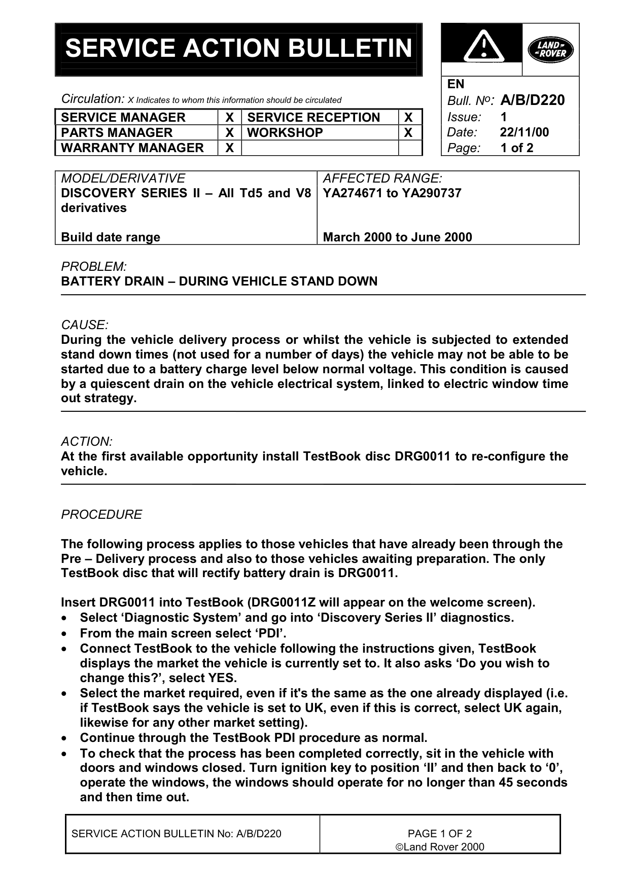 Battery Drain - During Vehicle Stand Down – bulletin page 1