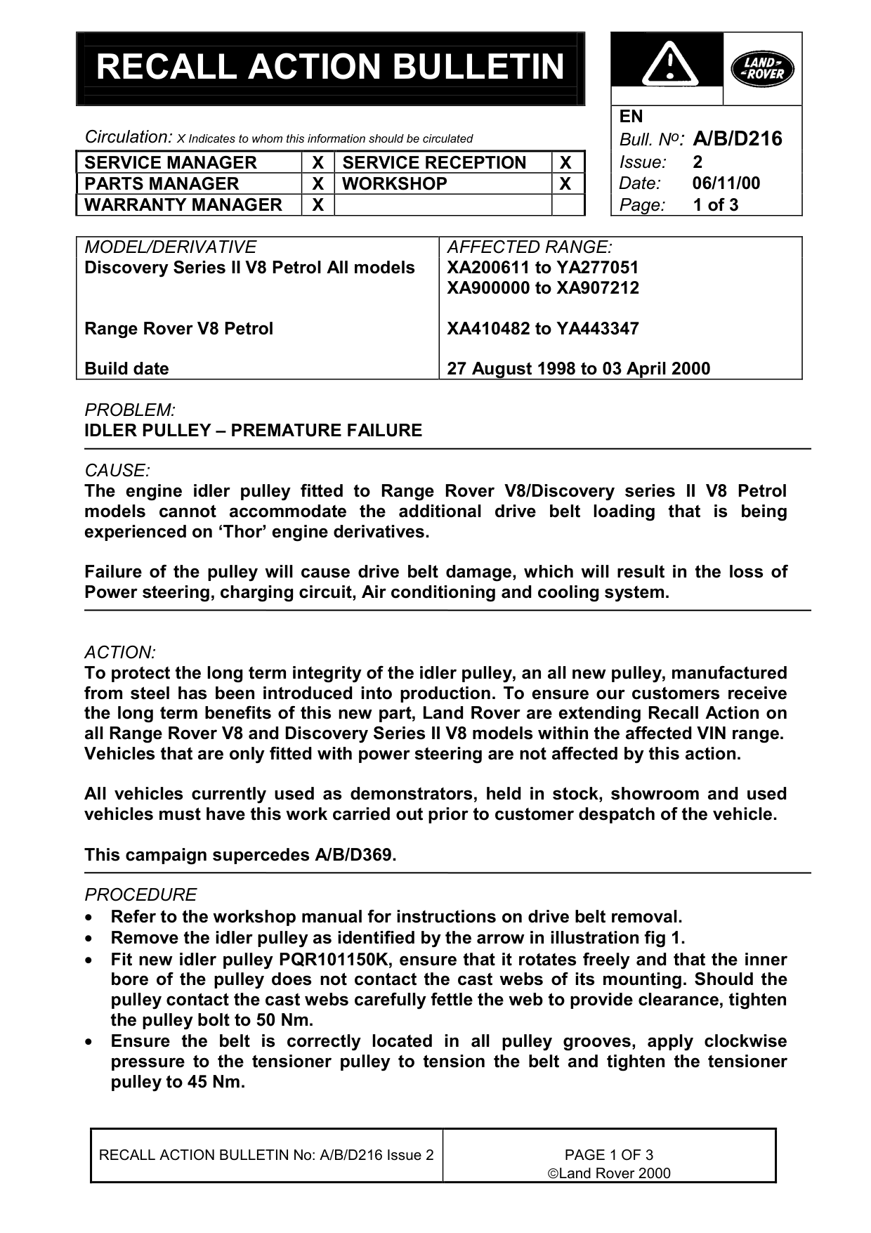 Idler Pulley - Premature Failure – bulletin page 1
