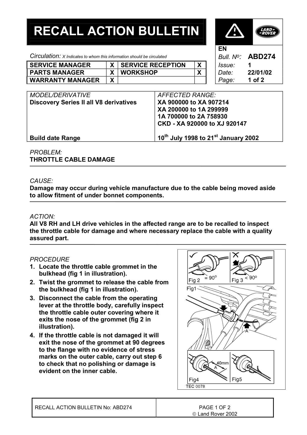 Throttle Cable Damage – bulletin page 1