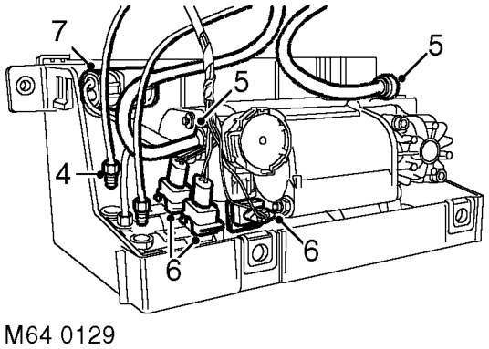 Remove remove – Remove 2 bolts securing air compressor unit to chassis. Release unit and lower onto blocks