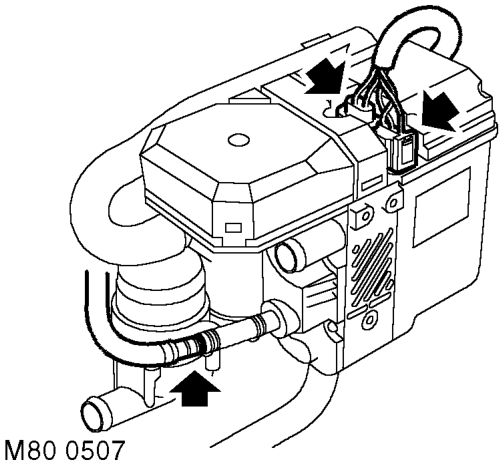 Release clips, disconnect coolant feed and return hoses from FBH.