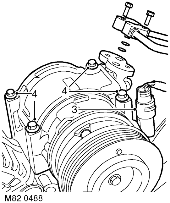 Compressor - v8 – Remove auxiliary drive belt.  CHARGING AND STARTING, REPAIRS, Belt - auxiliary drive.