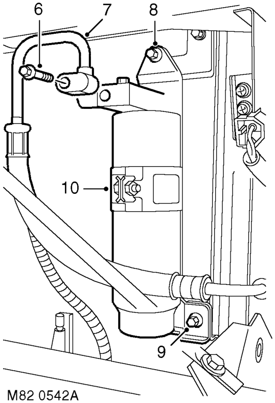 Receiver drier and dual pressure switch – Loosen mounting bracket clamping bolt.