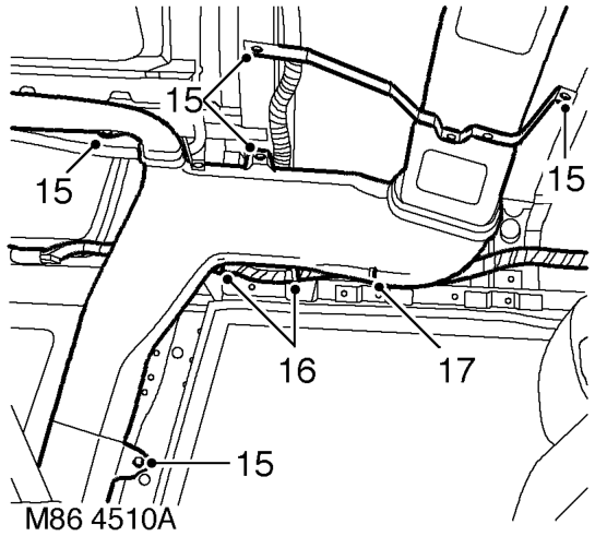 Release 2 cable clips securing body harness to sunroof harness.