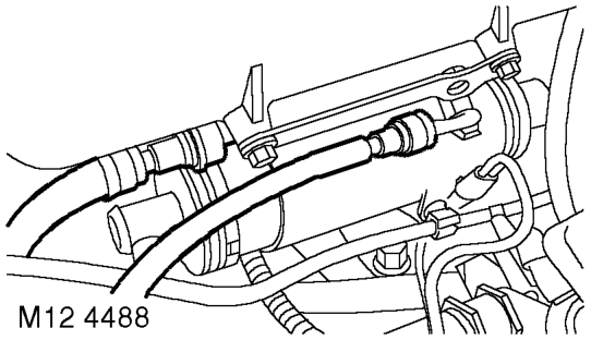 Engine and ancillaries – Release clip and disconnect expansion tank coolant hose from fuel cooler.
