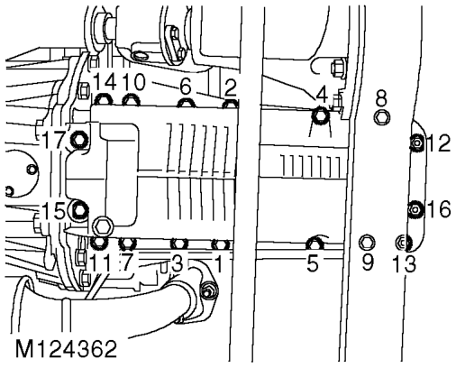 Manoeuvre sump into position, fit and lightly tighten 2 bolts to retain sump in place, the