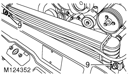 Cooler - engine oil – Remove condenser upper mounting brackets with rubber mounts from radiator extension bracke
