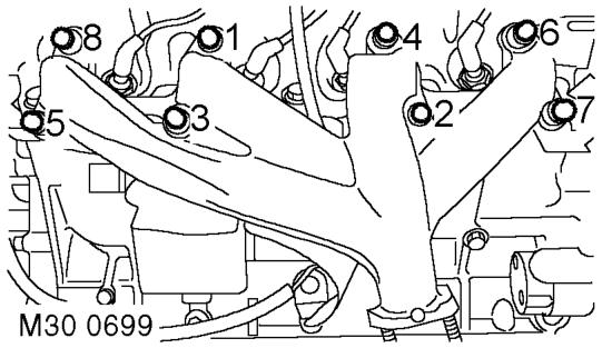 Disassembly – Fit new gaskets, dry, fit exhaust manifold. CAUTION: Ensure that link bar on gasket is pos