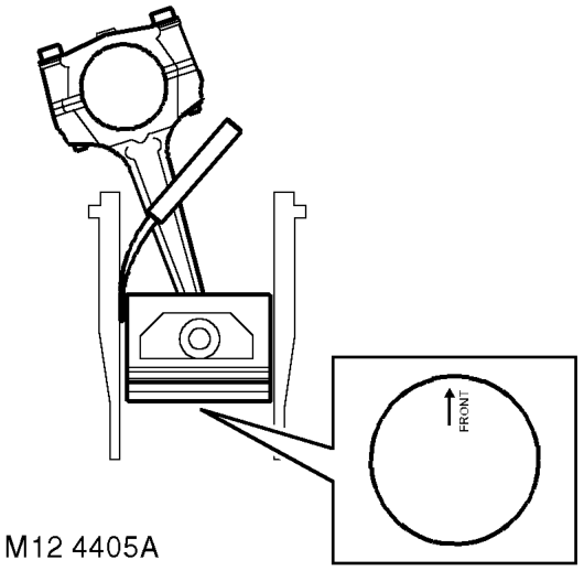 Invert piston and with arrow pointing towards rear of cylinder block, insert piston into c