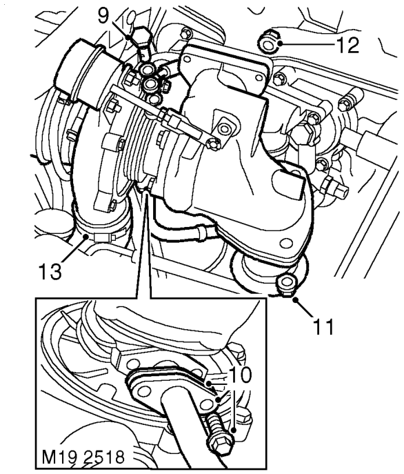 Turbocharger – Loosen clips and release air intake and outlet hoses from turbocharger.