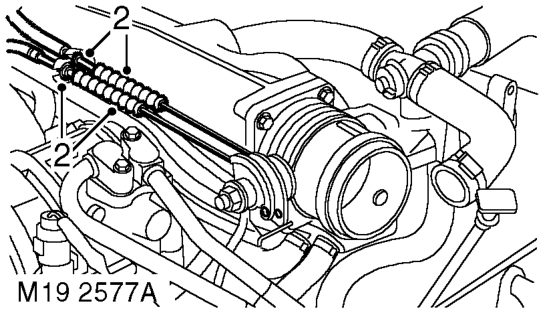 Throttle body – Loosen 3 clips securing air intake hose, release air intake hose and position aside. Note:
