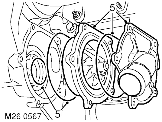Pump - coolant – Remove 5 bolts securing coolant pump cover.