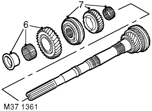 Disassembly – Using tool LRT-99-002 and support bars under 1st gear, press output shaft bearing from out