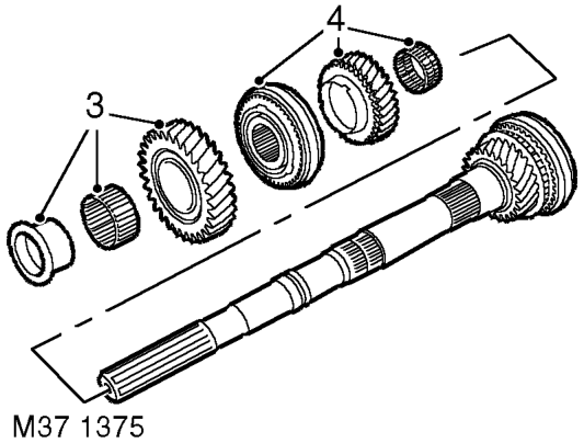 Disassembly – Using tool LRT-99-002 and support bars under 1st gear, press output shaft bearing from out