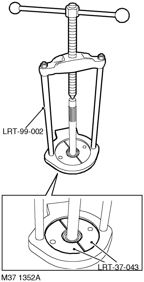 Invert output shaft and using tool LRT- 99-002 and support bars under 3rd gear, press off 