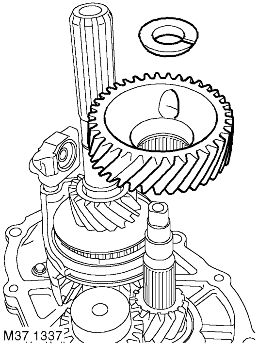 Remove retaining ring and split collars securing 5th gear to output shaft.