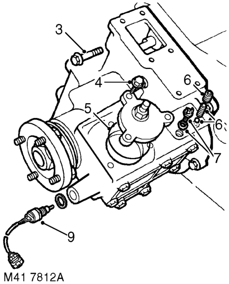 Remove 6 bolts securing high/low cross shaft housing to front output shaft housing and rem