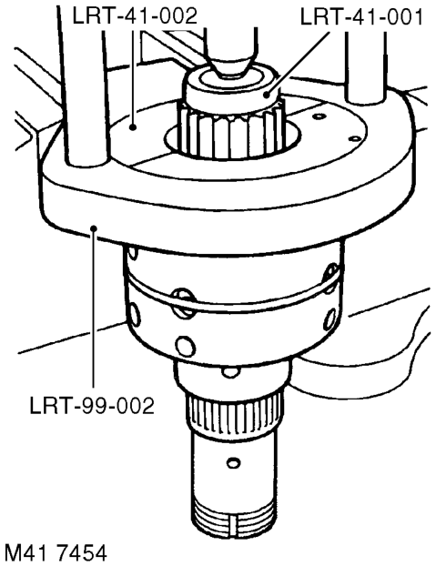 Using a suitable press and thrust button LRT- 41-001 remove high/low hub and low range gea