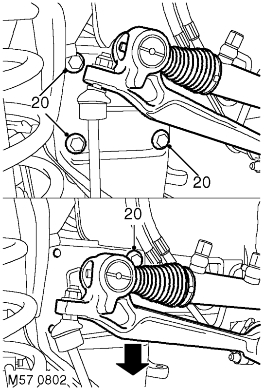 Models with ACE: Remove nut securing antiroll bar link lower ball joint and release joint.