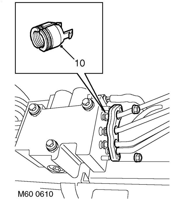 Remove nut securing pipe clamp to bracket on suspension turret and remove clamp.