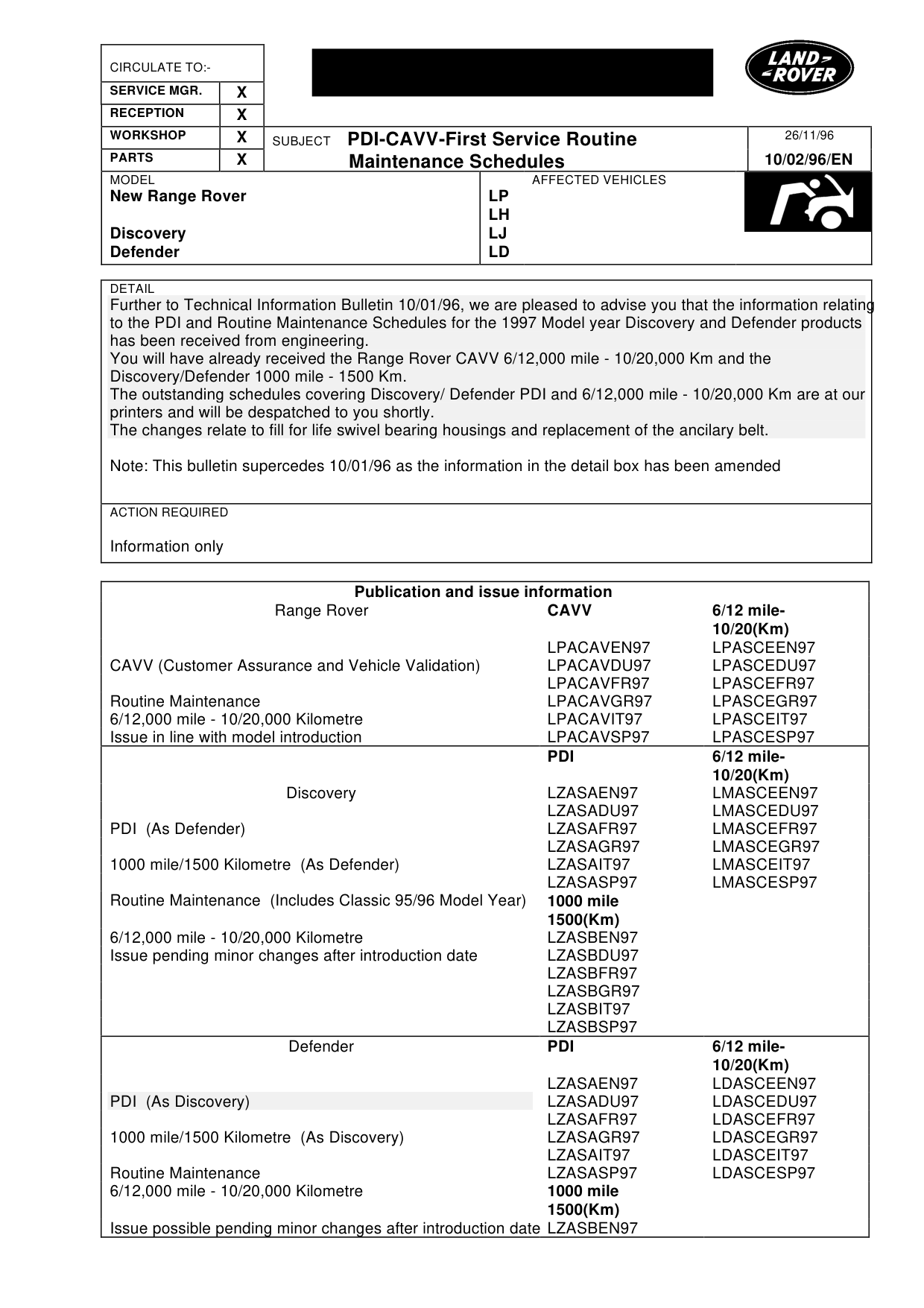Pdi-Cavv First Service Maintenance – bulletin page 1