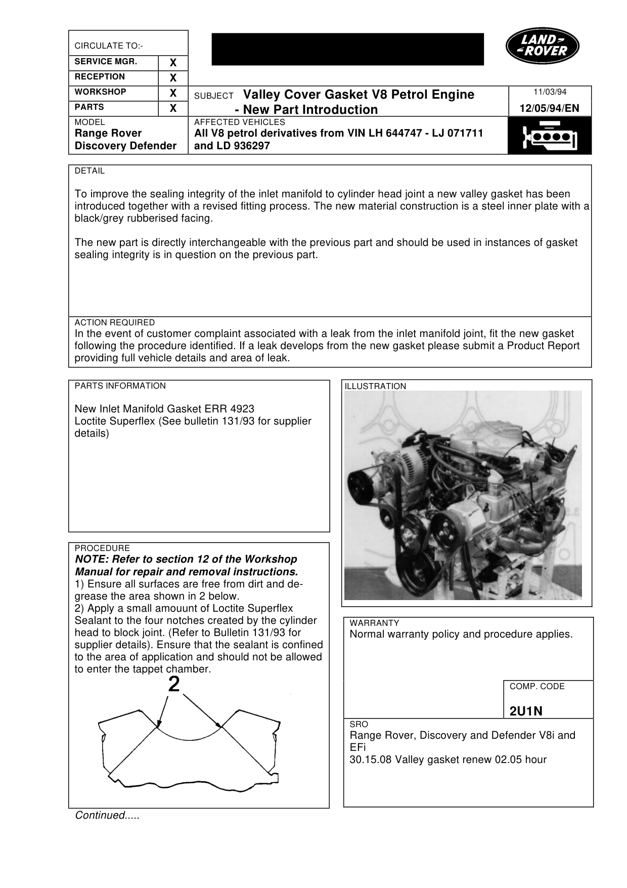 Valley Cover Gasket V8 Petrol Engine-New Part – bulletin page 1