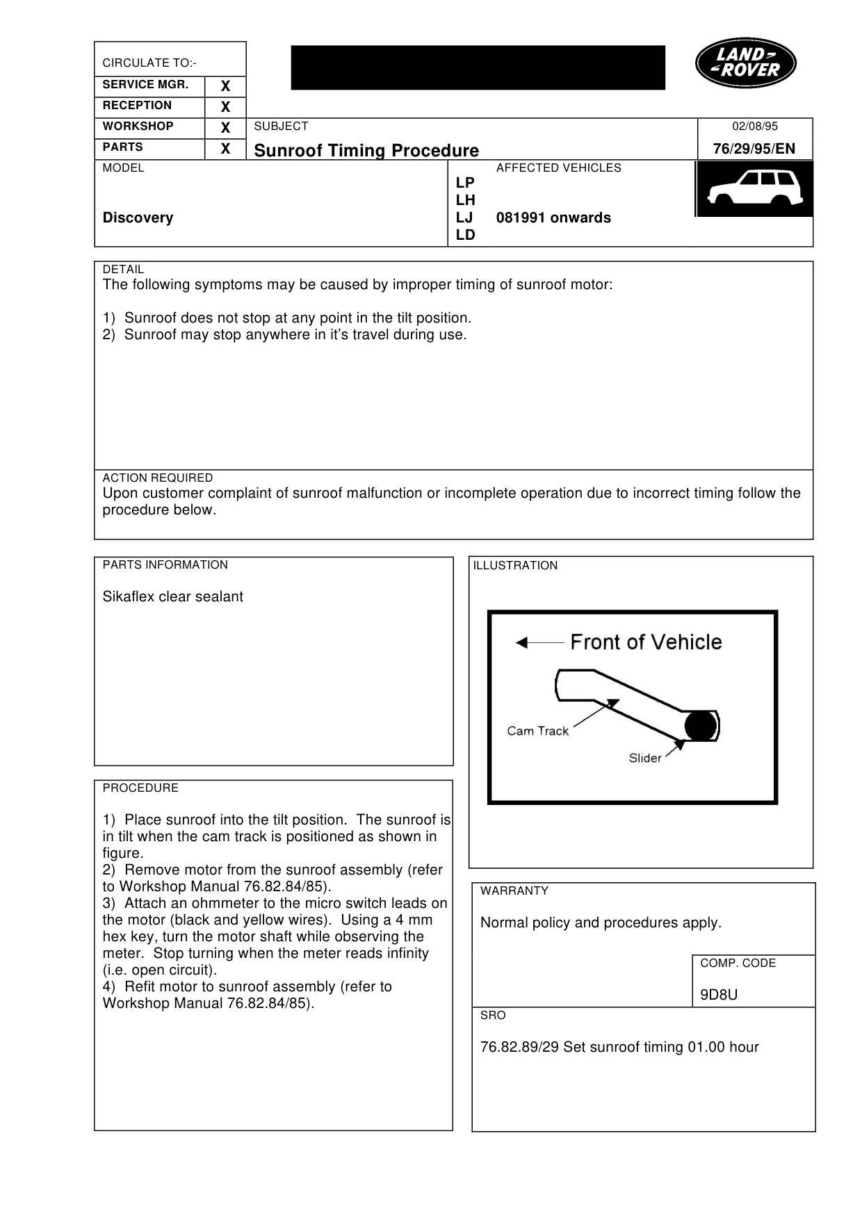Sunroof Timing Procedure – bulletin page 1