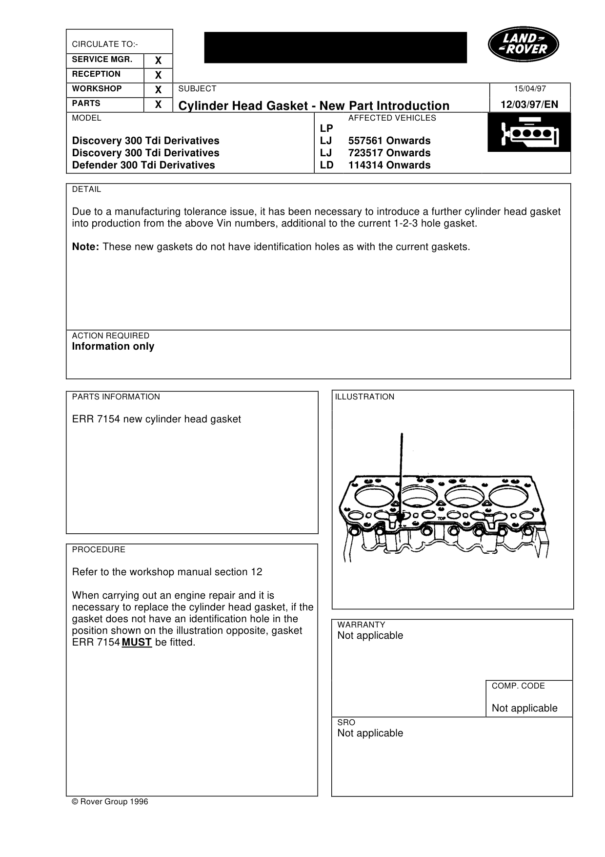 Cylinder Head Gasket - New Part Introduction – bulletin page 1